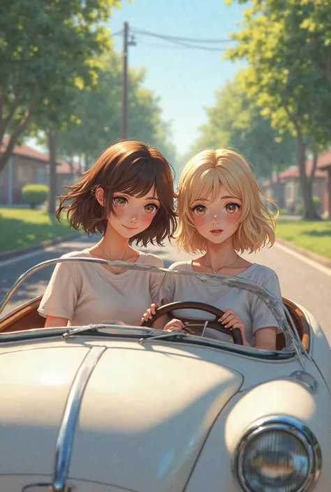 Make a girl with medium-short hair brown by picking up her blonde friend in a white car 