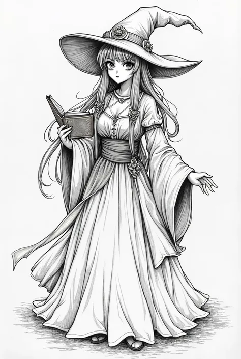 a drawing of a woman in a witch costume holding a book, lineart by Kamagurka, pixiv contest winner, shin hanga, rpg book portrait, extremely fine ink lineart, commission for high res, clean lineart, bold lineart, female mage!, demon slayer rui fanart, rpg ...