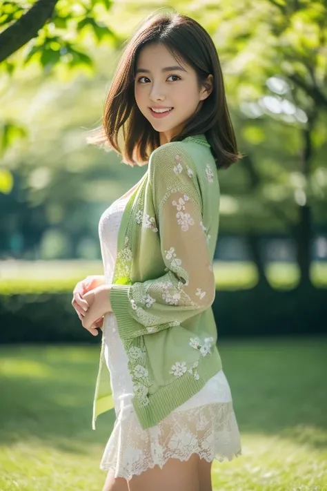 (8k, RAW photo, photorealistic, HQ, masterpiece, Brightly exposed photo), a cute Japanese woman, (glowing eyes), 
(light smile), dark brown hair, (Elegant outfits for spring, Delicate floral pattern on white background, Lace cardigan), Seductive pose,  (in...