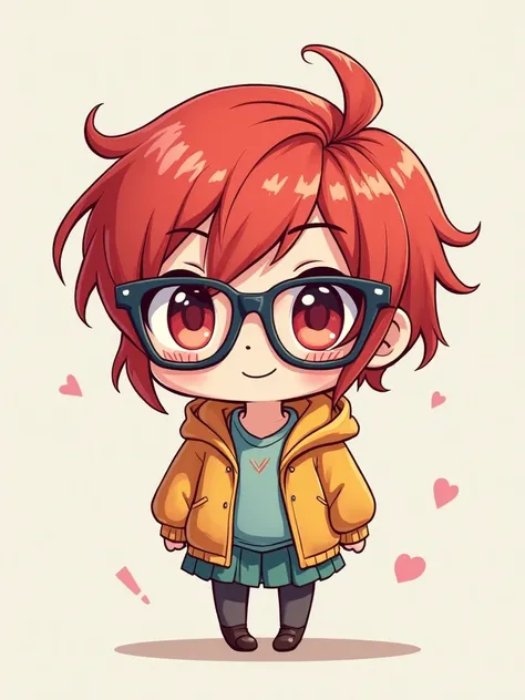 Deformed Chibi Character Red Haired Glasses Girl Anime 