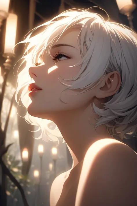 Under boobs , white short hair ,attractive lips، normal skin , picture angel from below 