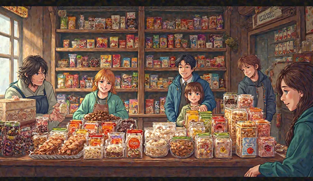 Image Prompt: A display of different products in the shop, not just chocolates but other snacks and items.