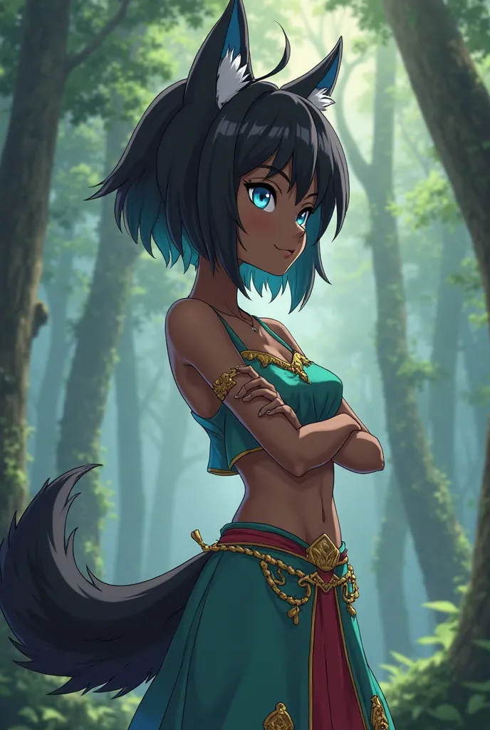  Background a fantasy forest,Dark-skinned girl with short black hair with tufts of cyan hair, cyan eyes, with wolf's ears and tail, sideways, arms crossed , denying ,wearing a teal crop top with gold details,a skirt with golden details up to the ankles, op...