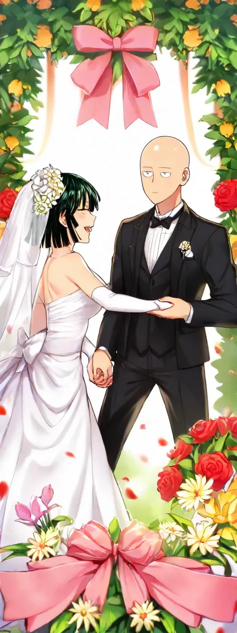 Saitama and Fubuki of One Punch Man together in wedding attire, looking happy and joyful. Saitama is wearing a simple and elegant black suit and poker face without hair, while Fubuki is in a classic white wedding dress with delicate details and your green ...