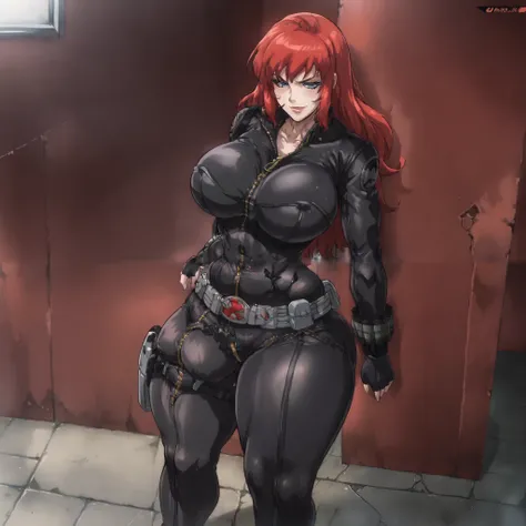 score_9, score_8_up, score_7_up, score_6_up, score_5_up, score_4_up, BREAK,1girl, BlackWidowAnime, black bodysuit, long red hair, black fingerless gloves, holster, makeup, zipper, uniform, ((huge breasts, huge butt, thick thighs, curvy hips)), full body vi...