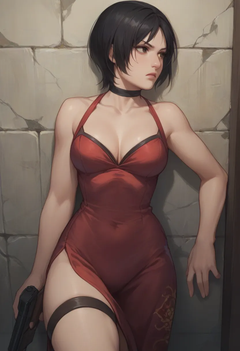 score_9, score_8_up, score_7_up, 1girl, solo, adachina, black hair, short hair, black eyes, china dress, choker, cleavage, thigh strap, side slit, serious, back on wall, on guard, holding gun, standing, looking away, inside facility