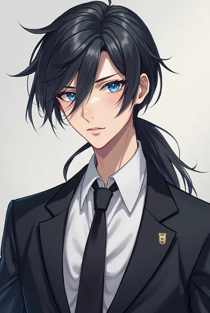  Heir rich adult anime boy with black hair and blue eyes and with white shirt and black jacket and with tie and ponytail and jeans 