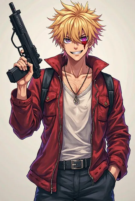 make a man, male, anime style, full body, With the eyes of a pink snake, blond hair with pink highlights, holding a gun called nunchaku. Your clothes are a bit dirty, But they're very stylish. Your expression is one of extreme happiness, To the point of so...