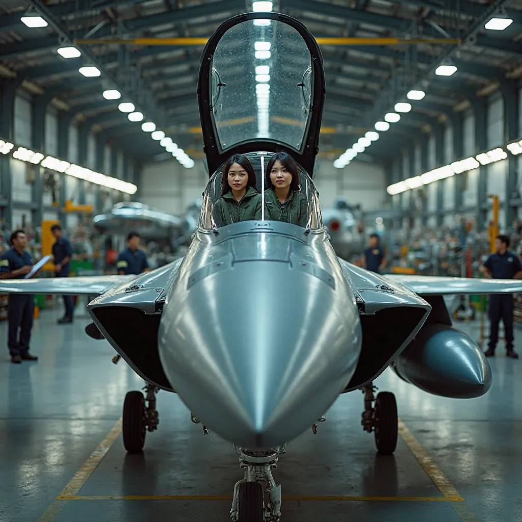 "A highly detailed image of a JAS 39 Gripen fighter jet parked inside an aircraft hangar. The jet is sleek, modern, and well-maintained, with its canopy open, revealing Thai female fighter pilots seated inside. pilots wear high-tech flight suits with vario...