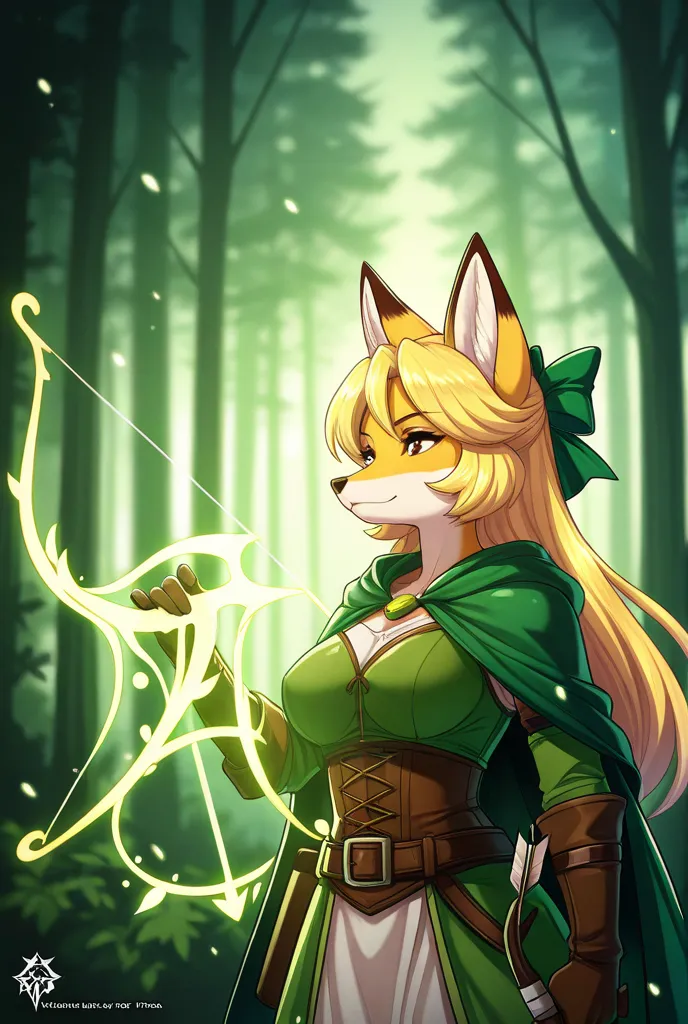 A cartoon image of a woman with a bow and arrow., Female forest archer , anime girl with a bow and arrow,  The Hunting Lady of the Forest , Alluring Female Princess Fox Knight, crisp and clear role-playing portrait, Magic Longbow, female archer, Fox woman,...