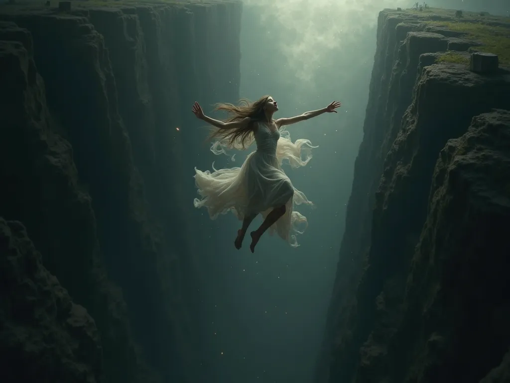 a girl falling into an abyss on her back