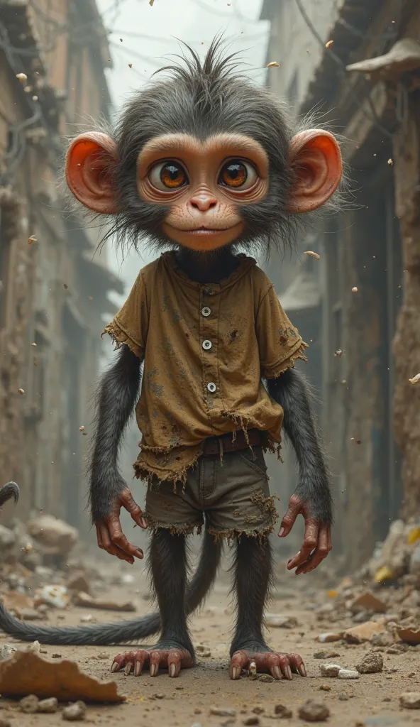 The main character is a small, frail anthropomorphic monkey with brown-gray fur, messy and matted with dirt, clinging to its thin frame. Its oversized, tattered shirt is full of holes and grime, barely hanging on its bony shoulders, while its shorts—if the...