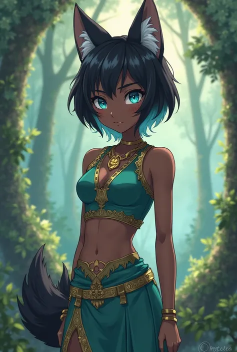  Background a fantasy forest,Dark-skinned girl with short black hair with tufts of cyan hair, cyan eyes, with wolf's ears and tail, denying , blushed,wearing a teal crop top with gold details,a skirt with golden details up to the ankles, open on one side ,...