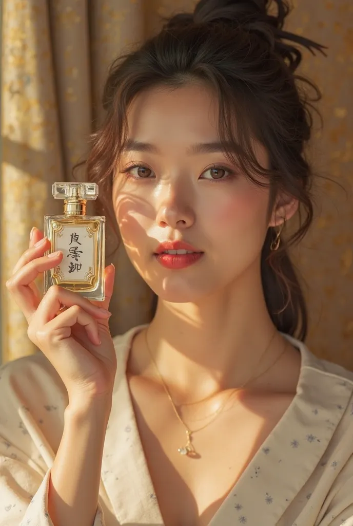  A Chinese person holding a perfume bottle in one hand ， Place it next to your face ， please take a picture 。 Make sure the photo shows the razor brand。， ADVERTISING CAMPAIGN ，h3h3，Taoism，Shot of，Beauty Retouching，Cool and bright tones，Dua Lipa ，Official p...