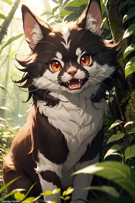  with delicate animal features and small.  hairy body, red eyes and smile with small fangs. Detailed humid forest. 