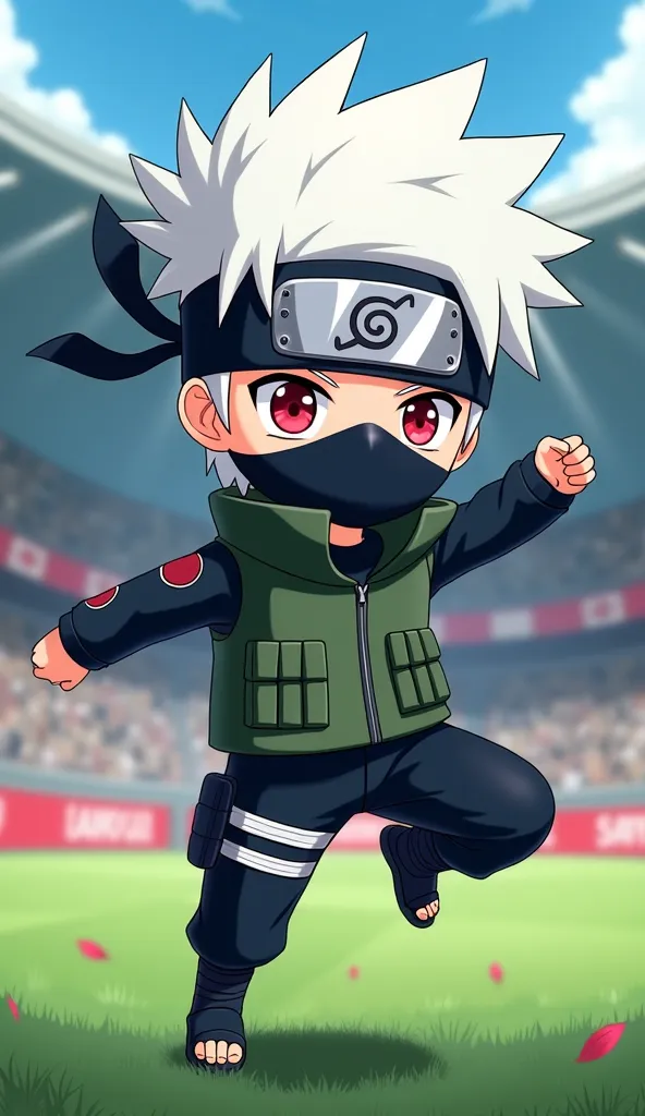 "Create a semi-realistic anime chibi-style illustration of Hatake Kakashi. Include his iconic details such as white spiky hair, a black mask, a long-sleeved black shirt, and his signature dark green ANBU vest. Depict him dancing in a dynamic K-pop-inspired...