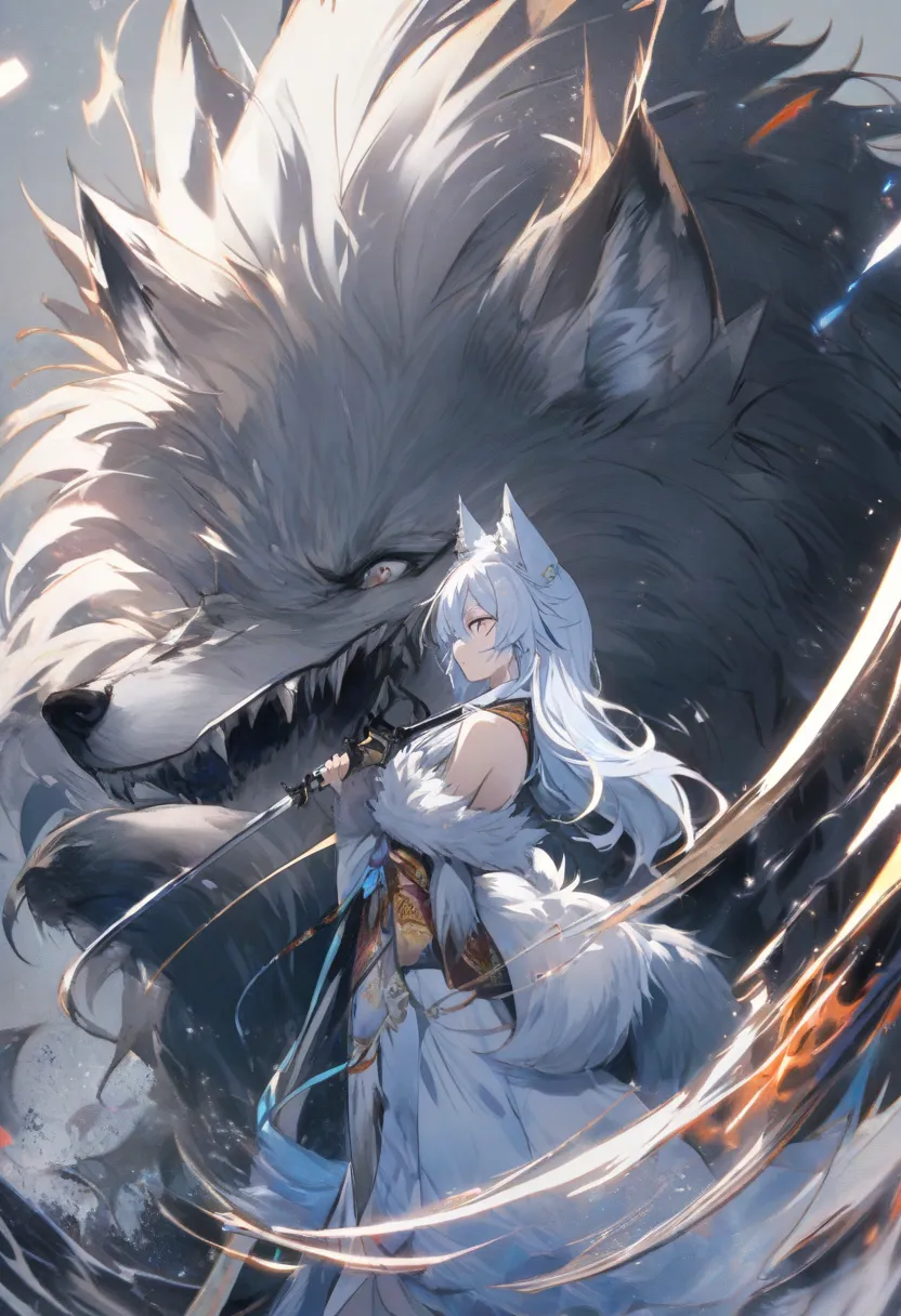 fox Light blue hair 　beast girl　indigo fur　fox beast girl　Full-body portrait、Are standing、Holding a sword、woman、kimono、Wolf Ears、Wolf&#39;s Tail