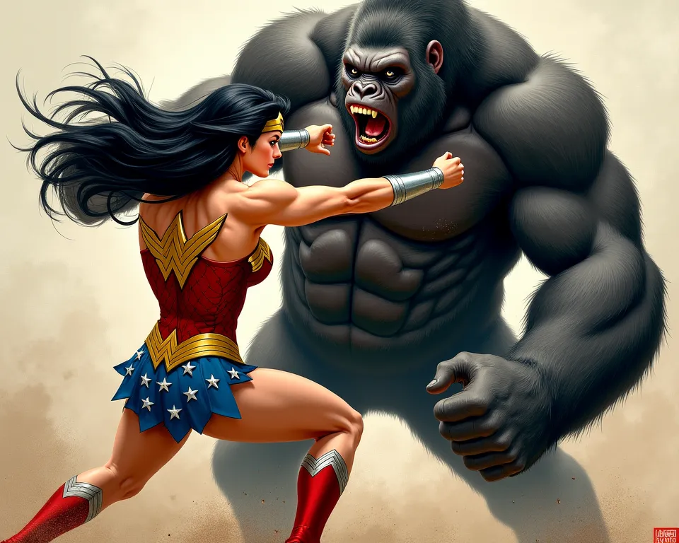 handpainting comic, close up shot,  wonder woman punch a muscular gorilla,  The background is a neutral