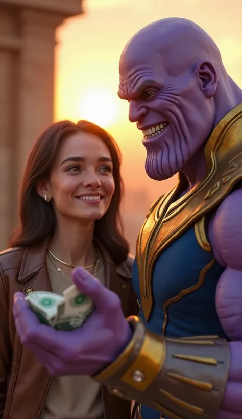 The customer smiling and holding out money to Thanos.Highly Detailed 3D Render, Realistic Textures, Soft Natural Lighting, Warm Sunset Glow, Gentle Shadows, Expressive Facial Details, Dynamic Pose, Dramatic Hand Gestures, Intricate Fabric Details, Well-Bal...