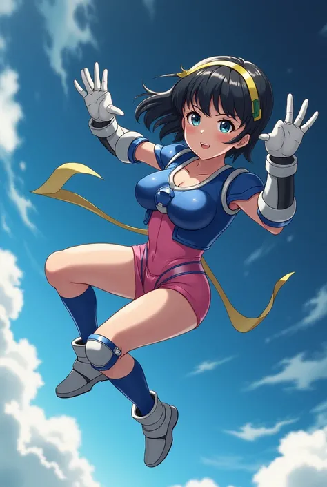 ( Anime style photo ) A woman with short black hair, a blue armor on her torso with a single yellow strap, a pink leotard,  white gloves, a single long yellow sock on her right leg, two blue knee pads, two white ankle braces and white boots. The woman is f...