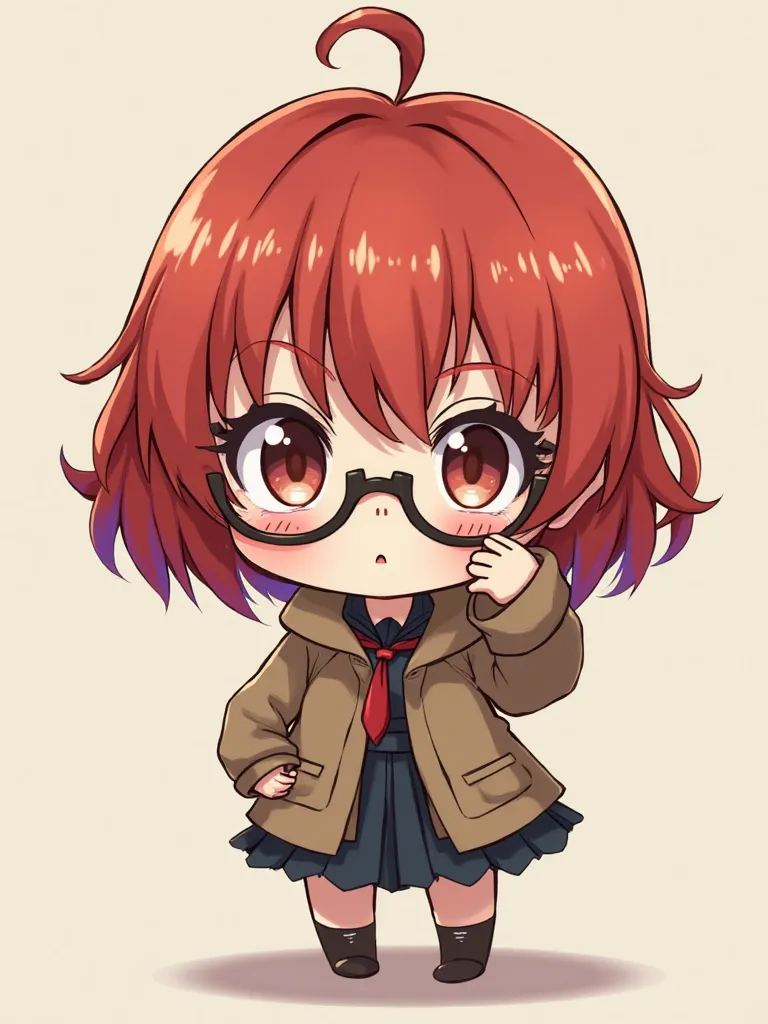 Deformed Chibi Character Red Haired Glasses Girl Anime Expressionless Surprised Face