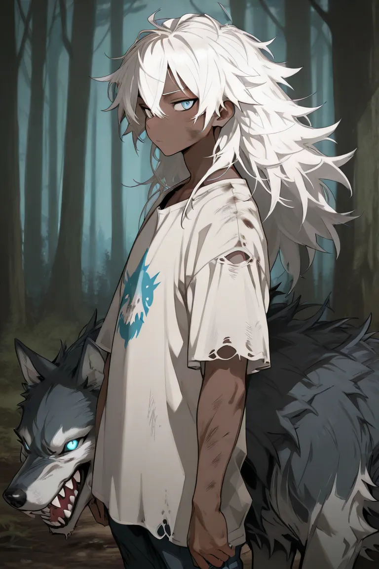 anime style, solo, dark skinned, human male, very short, thin, long & voluminous & very messy white hair down his back, sharp teeth, sharp white claws, blue eyes similar to a wolf, dirty and torn oversized shirt, feral, clearing in forest, absurdres, maste...