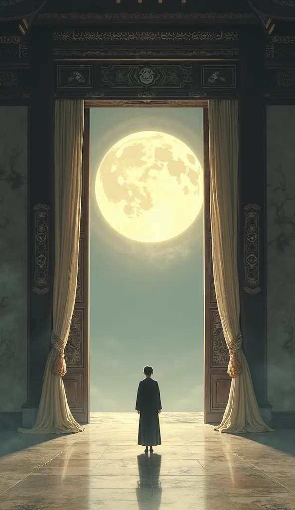 A vast high hall with a bright, round moon reflecting in a large, ancient bronze mirror. In the center, a lone elderly female figure stands facing the luminous moon, appearing small against the grand scale of the architecture. full silhouette is visible, p...