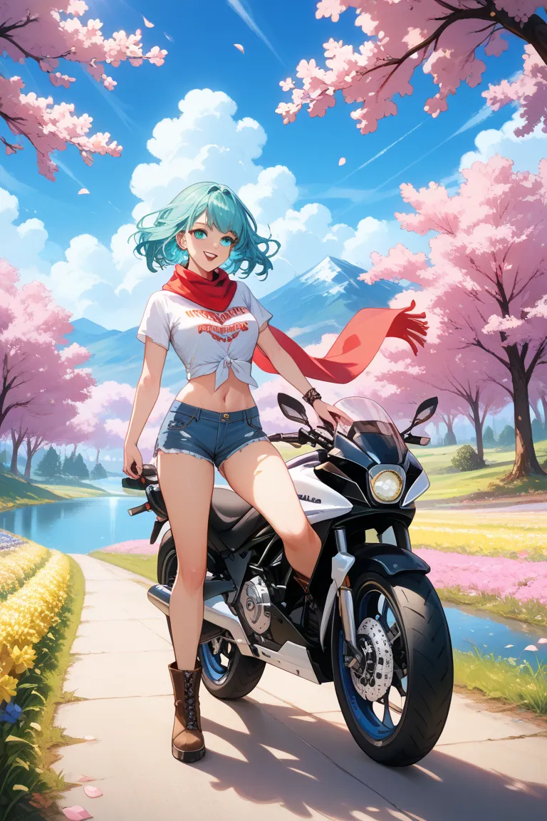 A confident blue-haired woman with bright turquoise eyes rides a sleek, futuristic motorcycle down a winding countryside road. She wears a stylish white blouse, denim shorts, and brown leather boots, with a red scarf fluttering in the wind behind her. Her ...