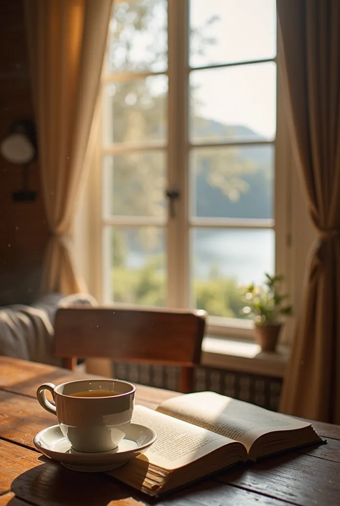 A cup of tea and book on theesk，the room is cozy , outside the window is a village next to the lake, The soft sunlight creates a warm, inspiring atmosphere, perfect for focused study and reflection.