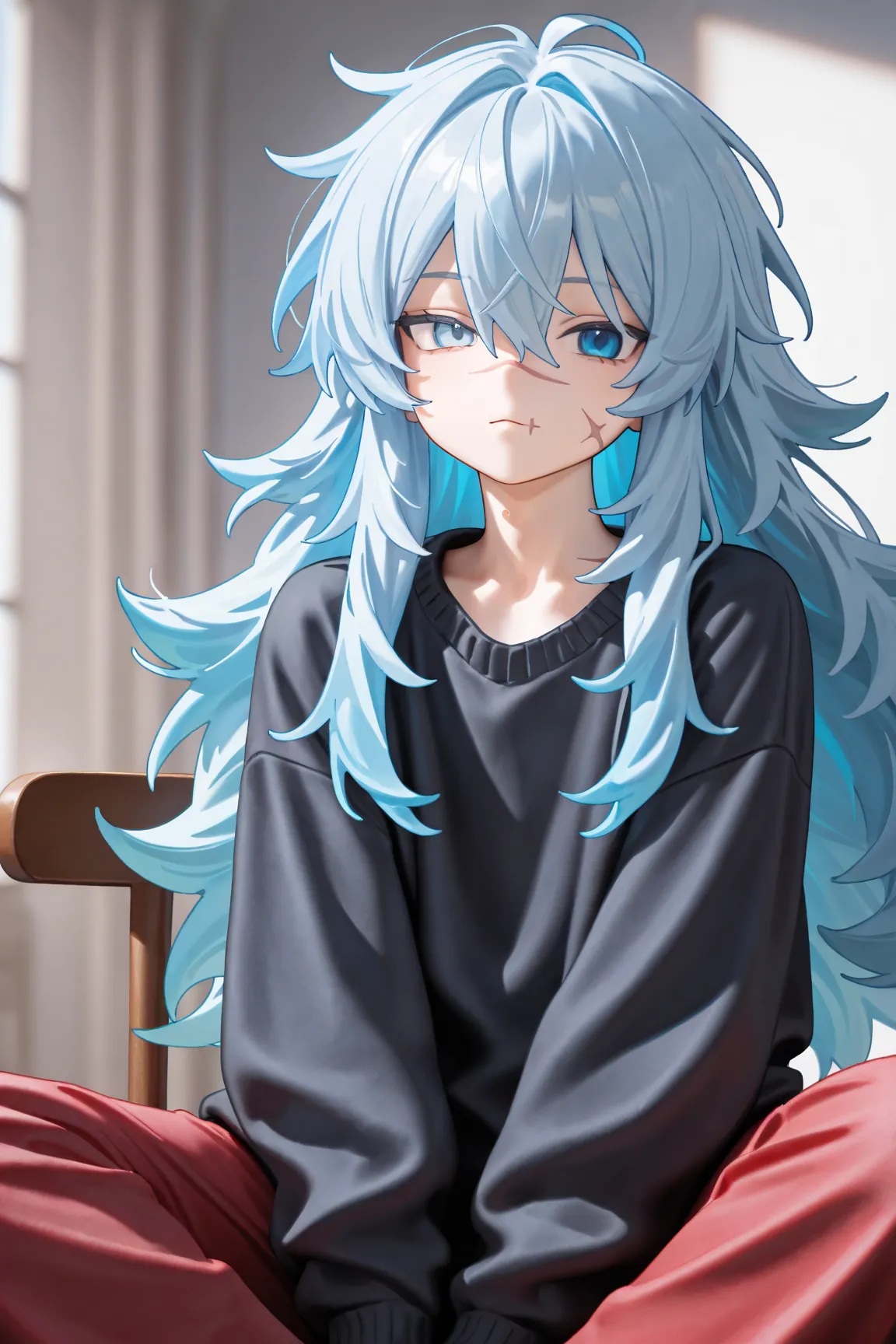 1boy, solo, bright blue hair, light blue eyes, bangs, fluffy hair, full long hair, spiky long hair, fluffy long hair, small face, cute face, looking at viewer, black oversized sweater, black sweater, face scars, scars on face, scar on nose, scar on mouth, ...