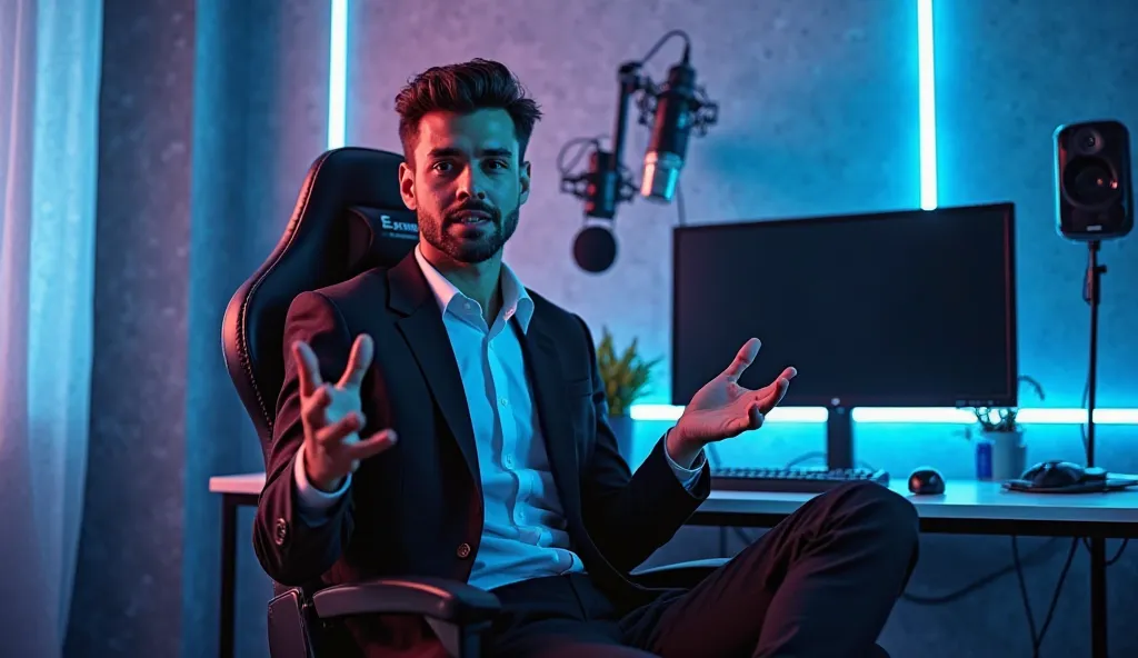 "A confident young handsome man sits on a modern gaming chair in his high-tech YouTube studio. He is wearing a stylish black suit with a crisp white shirt. His face is clearly visible, expressive, and engaging as he gestures with his hands, explaining some...