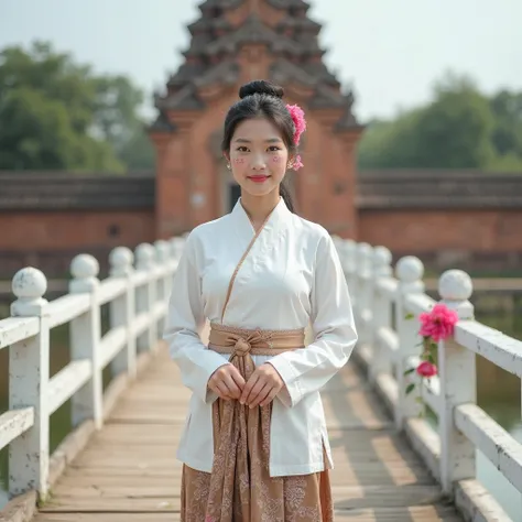 A young lady with Burmese traditional costume,  a Myanmar lady: Tall, fair skin, round face, beautiful eyes, Burmese thanakha paste on her checks,  knotted hair, a rose flower on her head, wearing a white Burmese rinphone shirt or outfit and a brown htamei...