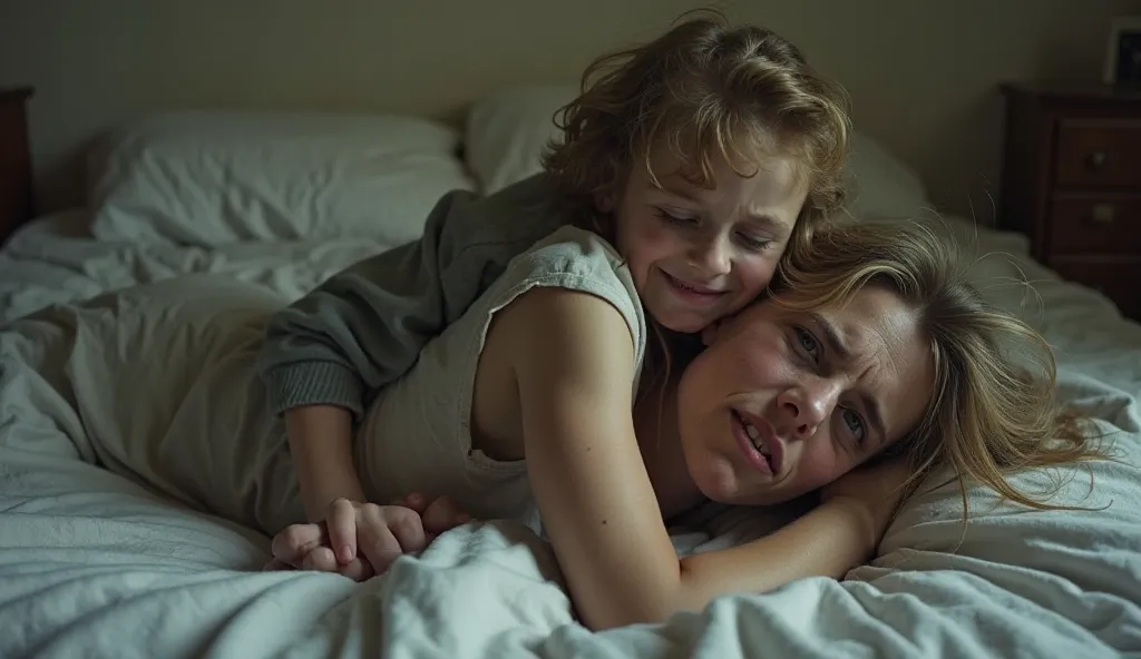 An English girl in her 30s is lying on the bed in the shape of a horse, crying, with her  son sitting on her back.