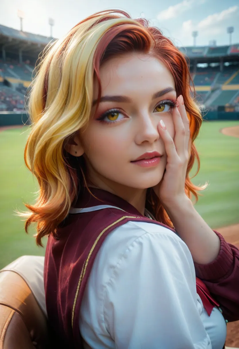 thin twenty year old woman, Gigi Rice mixed with Heather McDonald mixed with Tina Carver mixed with Ella Jay Basco, woman, lemon yellow haired, lob hair, Photograph by Germaine Krull, Steampunk, stadium baseball, movie still, Experimental Genre, Mother of ...