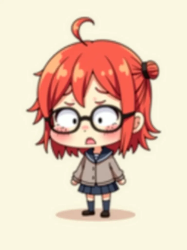 Deformed Chibi Character Red Haired Glasses Girl Anime Face Who Doesn't Seem to Understand Anything