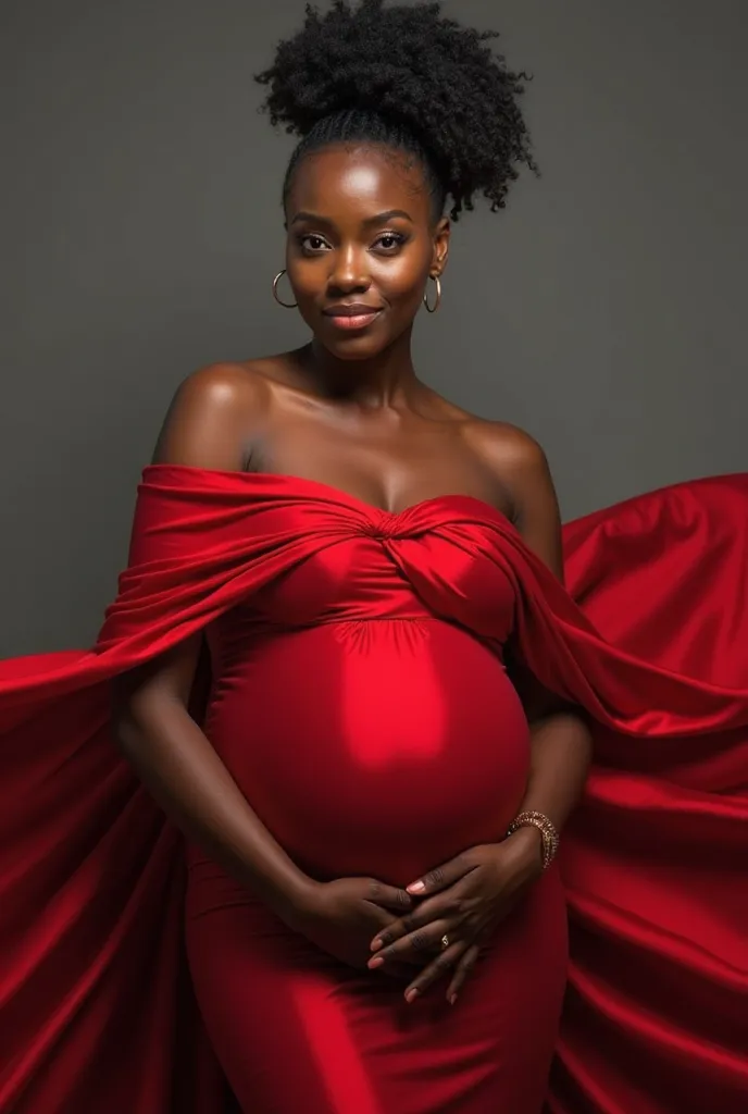 Ultra-realistic studio image of a Black pregnant woman with a warm bronze skin tone, wrapped in a long red silk fabric that dances in the air around her. Her face expresses serenity and power, her eyes highlighted by a striking graphic outline. Her curly h...