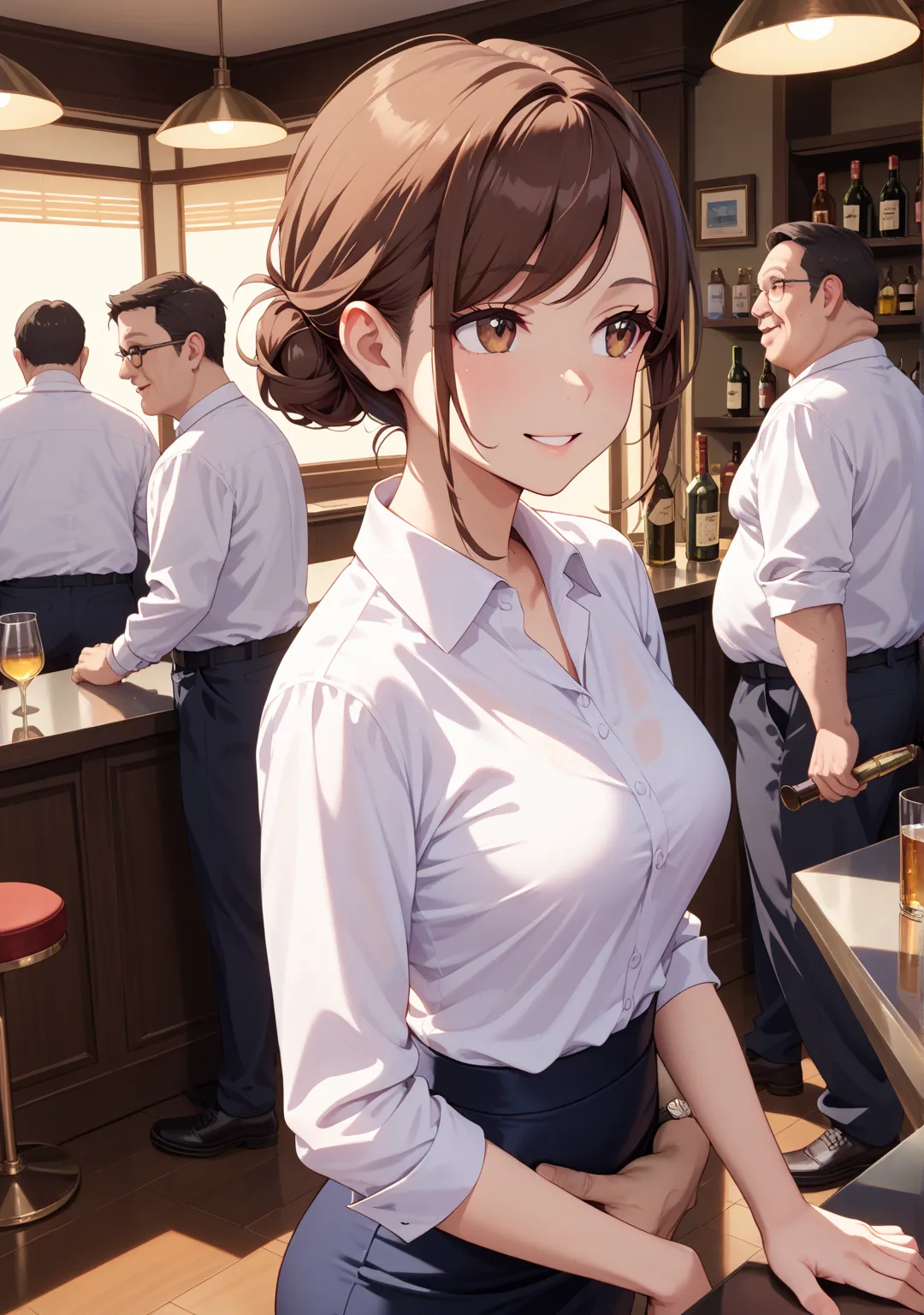 Nsfw,1 girl,office lady,navy skirt,low bun,brown hair,brown eye,short hair,swept bangs,evening,bar,navy ,white shirt,nsfw,Gangbang,fat old man, dark, expressionless,looking away,her eyelids heavy,Laughing Man, drunk, Torso Grab ,reflection in a small mirro...