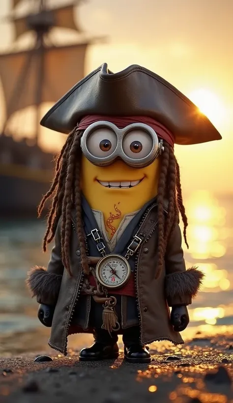 A Minion dressed as Jack Sparrow,  with a pirate hat , long braided hair and an old leather coat. . He holds a compass and smiles mischievously. The background is a pirate ship in the middle of the ocean, with golden sunsets reflecting on the water