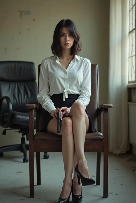  Woman,  short hair at shoulder length,  white skin,  perfect body, wearing a short black skirt, white color long sleeve button down shirt, black high heels, She is sitting on a chair with her legs crossed, holding a gun in your hand, Put her making a seri...