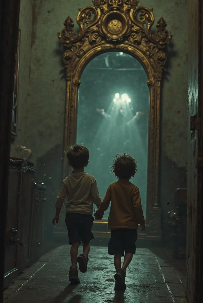 "Two young boys running away in fear from a magical antique mirror that is laughing hysterically. Their expressions show both shock and amusement as they flee the room."
