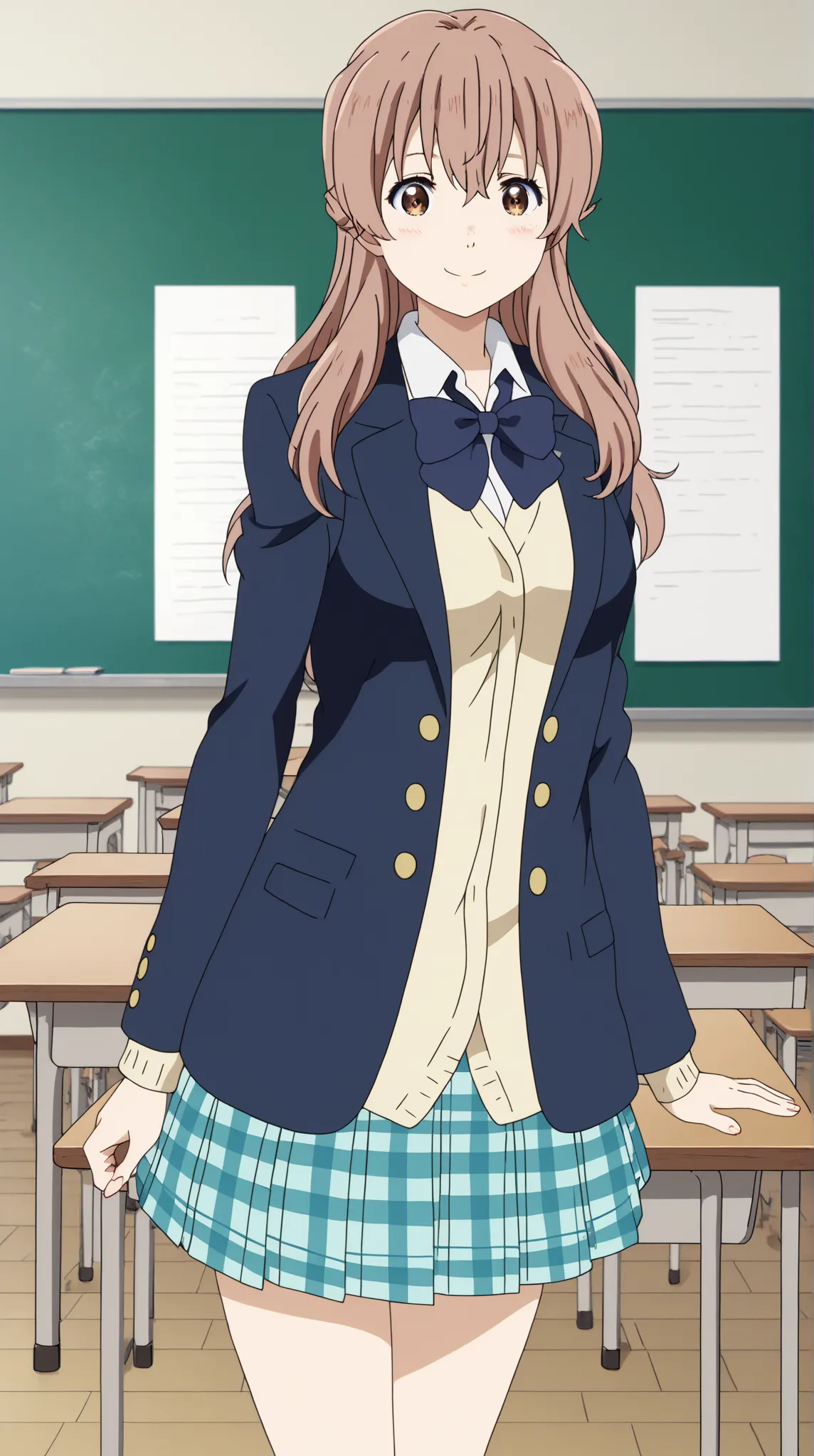 score_9, score_8_arriba, score_7_arriba,   source  _animated,
Shoukonishimiya, shoko nishimiya, long hair, brown hair, Brown Eyes, medium breasts 
skirt, bow, school uniform,  jacket, tartan, tartan falda, blazer,
indoors, classroom,  smile,
Looking at the...