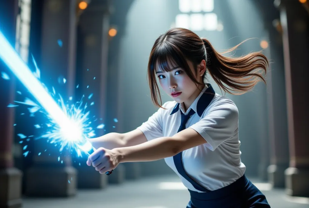 Sexy beautiful Japanese woman, a self defense officer uniform, wearing a white short-sleeved shirts, navy blue tie, navy blue pencil skirt, Black patent high heels, beautiful hip-line, Beautiful thighs, a woman in the castle, Fights, Laser blade glowing bl...