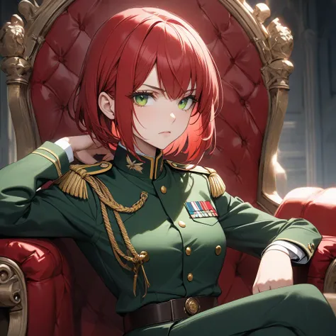 High resolution, high quality, HD, beautiful female, 1 female, beautiful, ager, serious, medium breasts, short straight hair, scarlet red hair, green colored eyes, military uniform, sitting on a throne