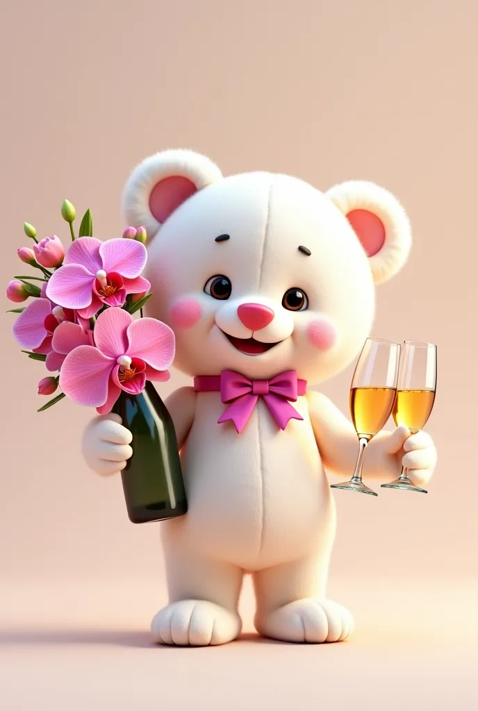 A smiling and cute white teddy bear with a fuchsia ribbon around his neck holding a bouquet of orchids with one hand and with the other a bottle of champagne with two glasses of champagne 