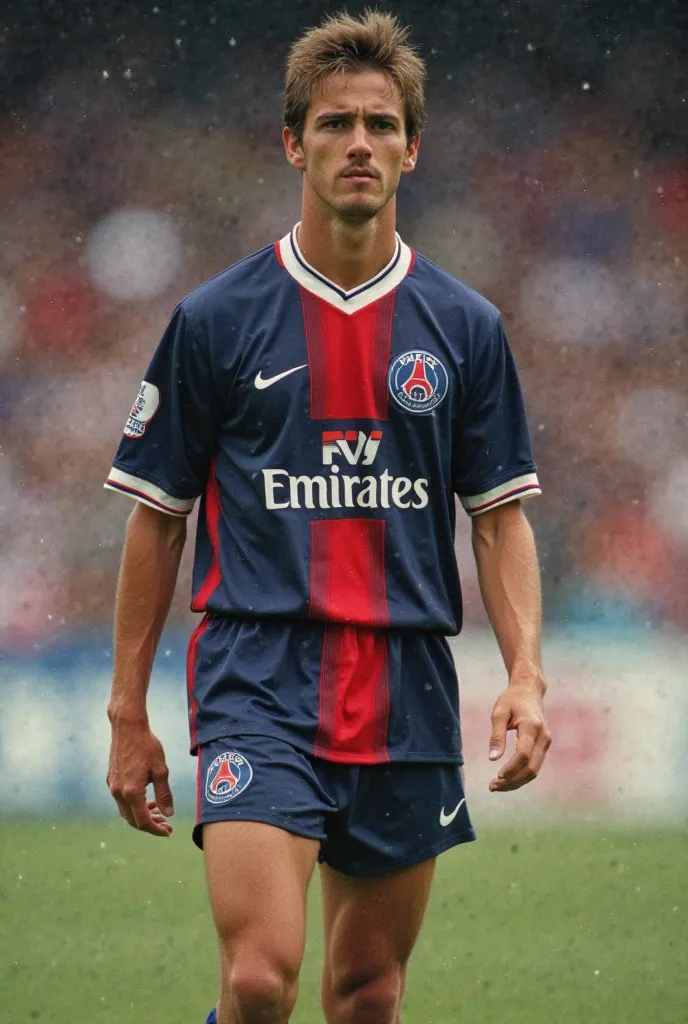 A PSG soccer player in the 1990s, wearing a Nike PSG jersey with dark blue tones, red vertical stripes, and white accents. His shorts are shorter than previous eras, and his socks are pulled up high. He has short, gelled hair and a determined look. The ima...