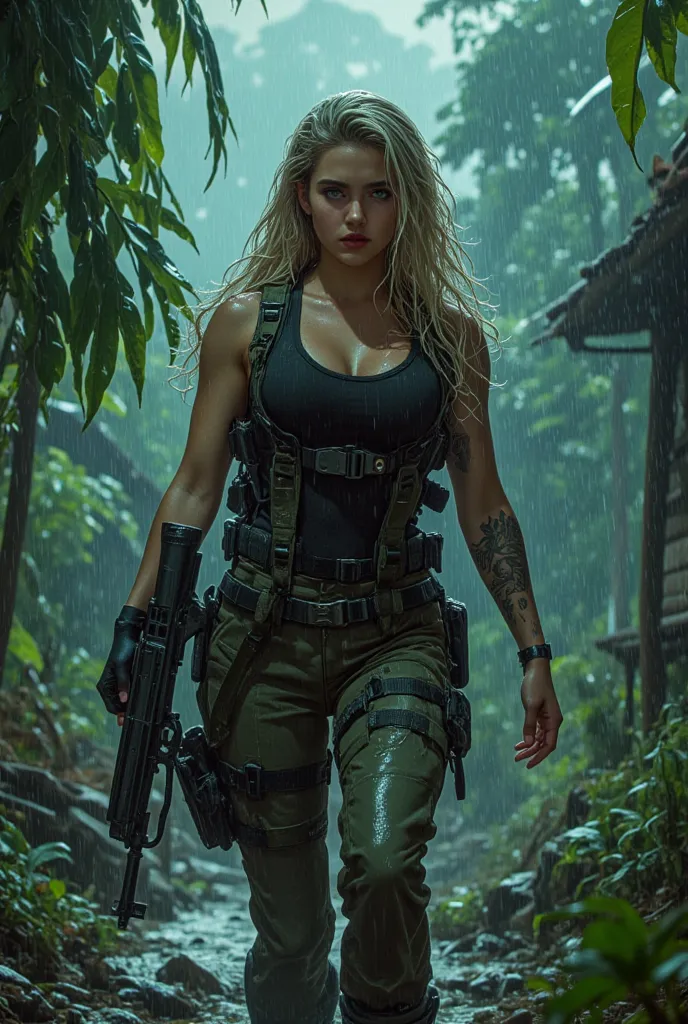 (best quality,8k,realistic,photorealistic:1.2), realistic skin texture,beautiful American Navy SEALs female member, assault rifle, assault team, an enemy's defensive fortress in a tropical jungle, storming in, blond hair, military pants, boots, dynamic pos...