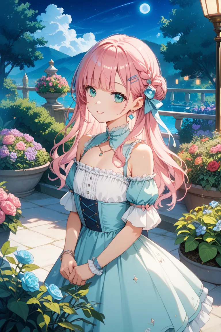 masterpiece, Highest quality, 1 girl, flat chest, outdoor, pink hair, bangs, Aqua Eyes,  night , hair ornaments close to the garden, hair clip