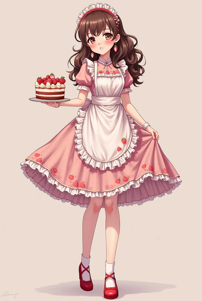 Anime girl in a pale pink Victorian style dress and has an apron decorated in red with strawberries, she has brown hair and a wavy and Victorian hairstyle, she has strawberry earrings and red heels, She is holding a cake