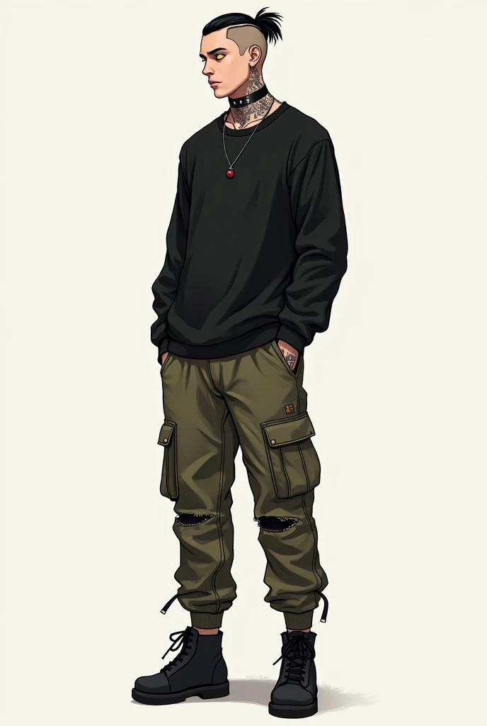   adult male, full body, short black hair tied in a ponytail, shaved head, yellow eyes, lower lip piercing. cargo pants, torn black sweater, tattooed black collar, boots, tattooed black arms, digital drawing style