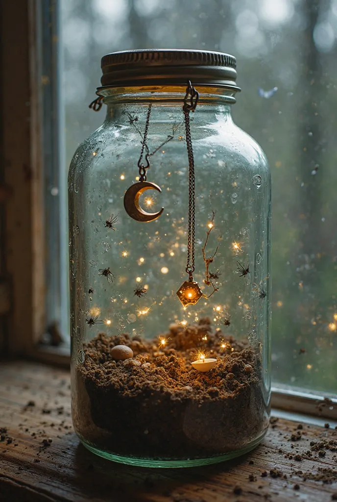 He broke the glass jar in his bedroom window on the second floor, Inside the pot were soil, fireflies, a small piece of paper, seeds and a necklace with an eclipse of the sun and the moon in silver and gold color.